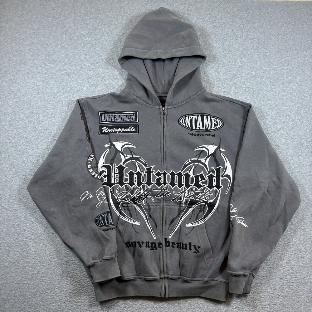 ⁠Pacsun Mens M Untamed Graphic Full Zip Hoodie Washed Grey Y2K Cyber Grunge Goth